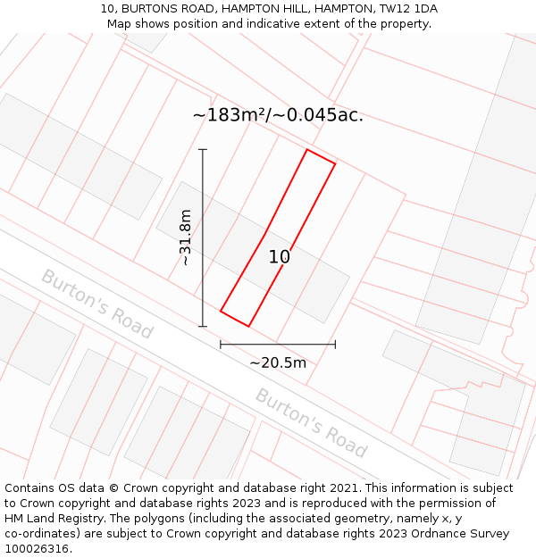 10, BURTONS ROAD, HAMPTON HILL, HAMPTON, TW12 1DA: Plot and title map