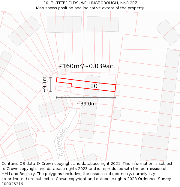10, BUTTERFIELDS, WELLINGBOROUGH, NN8 2PZ: Plot and title map