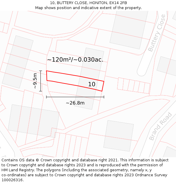 10, BUTTERY CLOSE, HONITON, EX14 2FB: Plot and title map