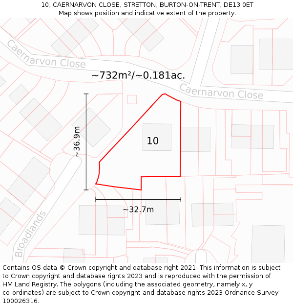 10, CAERNARVON CLOSE, STRETTON, BURTON-ON-TRENT, DE13 0ET: Plot and title map