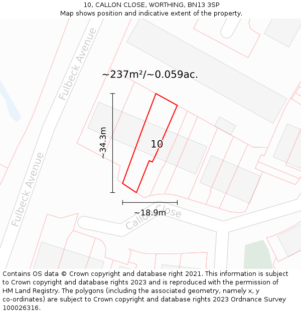 10, CALLON CLOSE, WORTHING, BN13 3SP: Plot and title map