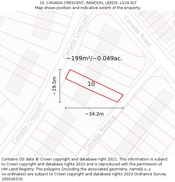 10, CANADA CRESCENT, RAWDON, LEEDS, LS19 6LT: Plot and title map