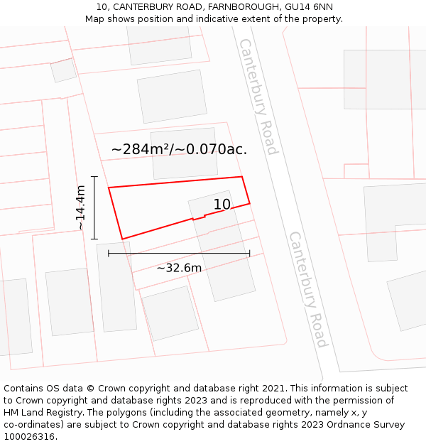 10, CANTERBURY ROAD, FARNBOROUGH, GU14 6NN: Plot and title map