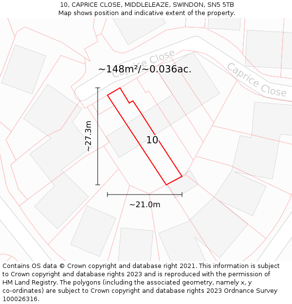 10, CAPRICE CLOSE, MIDDLELEAZE, SWINDON, SN5 5TB: Plot and title map