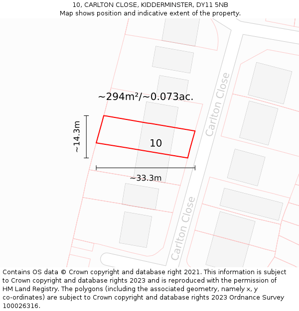 10, CARLTON CLOSE, KIDDERMINSTER, DY11 5NB: Plot and title map