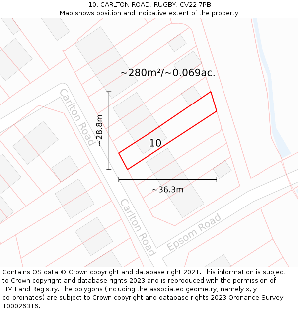 10, CARLTON ROAD, RUGBY, CV22 7PB: Plot and title map