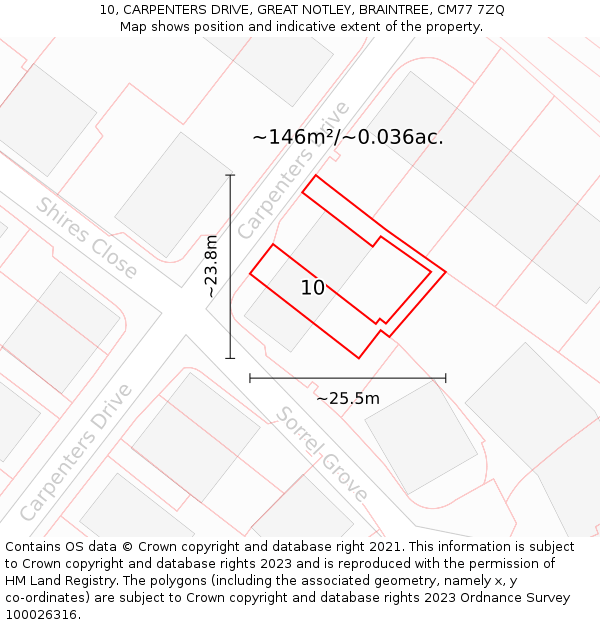 10, CARPENTERS DRIVE, GREAT NOTLEY, BRAINTREE, CM77 7ZQ: Plot and title map