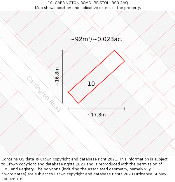 10, CARRINGTON ROAD, BRISTOL, BS3 2AQ: Plot and title map