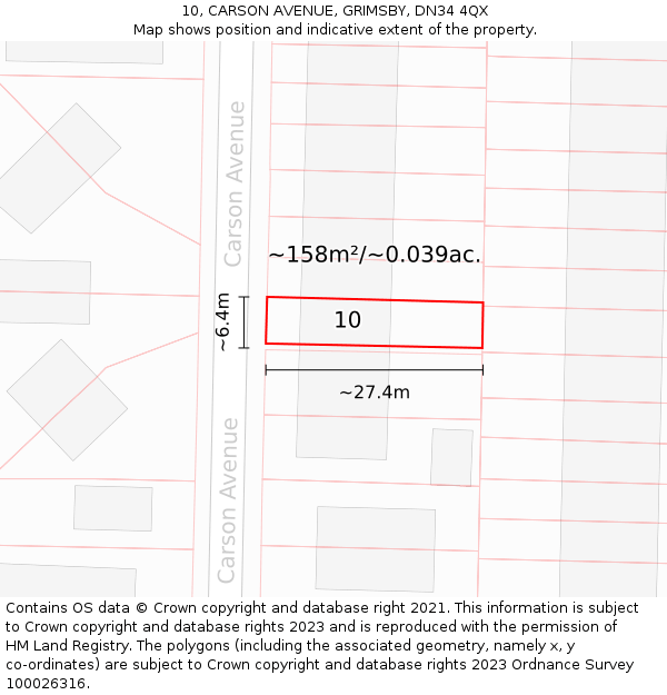 10, CARSON AVENUE, GRIMSBY, DN34 4QX: Plot and title map