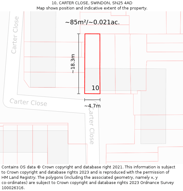10, CARTER CLOSE, SWINDON, SN25 4AD: Plot and title map