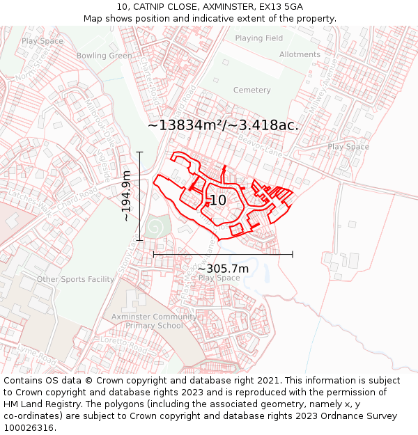 10, CATNIP CLOSE, AXMINSTER, EX13 5GA: Plot and title map