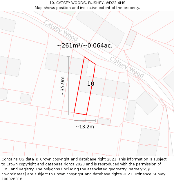 10, CATSEY WOODS, BUSHEY, WD23 4HS: Plot and title map