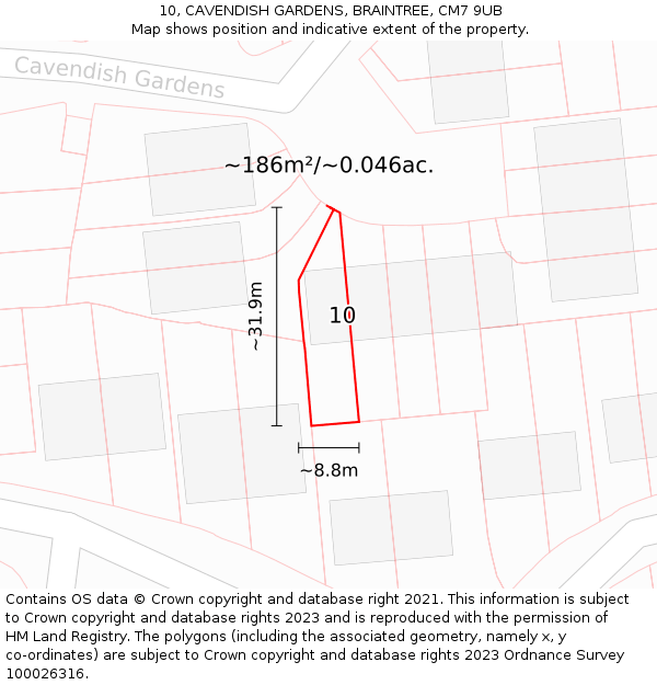 10, CAVENDISH GARDENS, BRAINTREE, CM7 9UB: Plot and title map