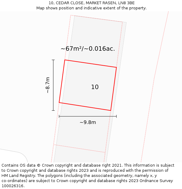 10, CEDAR CLOSE, MARKET RASEN, LN8 3BE: Plot and title map