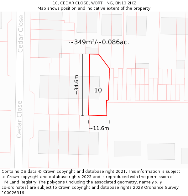 10, CEDAR CLOSE, WORTHING, BN13 2HZ: Plot and title map