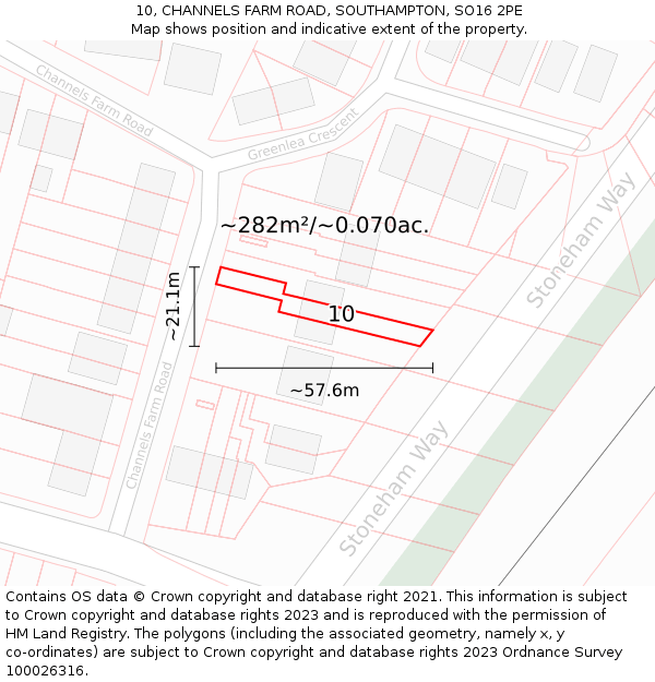 10, CHANNELS FARM ROAD, SOUTHAMPTON, SO16 2PE: Plot and title map