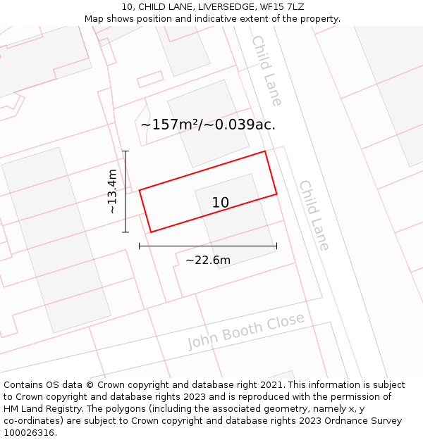 10, CHILD LANE, LIVERSEDGE, WF15 7LZ: Plot and title map