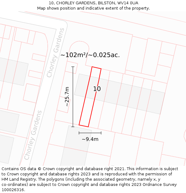 10, CHORLEY GARDENS, BILSTON, WV14 0UA: Plot and title map