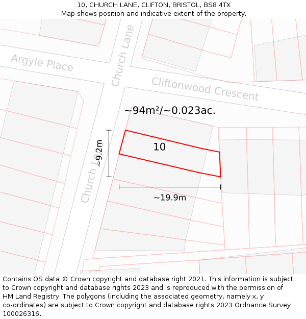 10, CHURCH LANE, CLIFTON, BRISTOL, BS8 4TX: Plot and title map