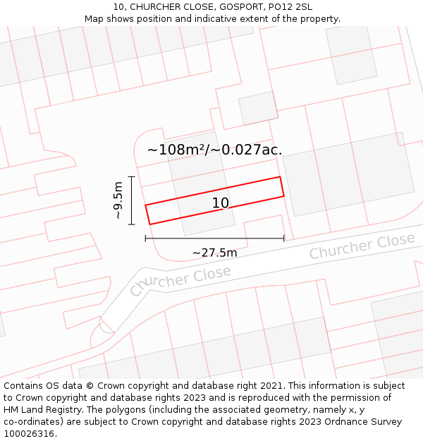 10, CHURCHER CLOSE, GOSPORT, PO12 2SL: Plot and title map