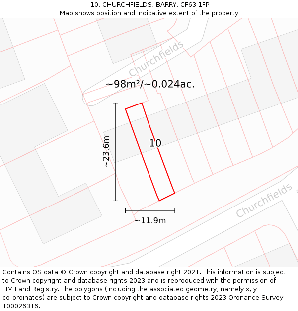 10, CHURCHFIELDS, BARRY, CF63 1FP: Plot and title map