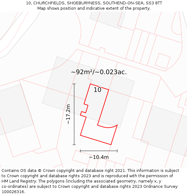 10, CHURCHFIELDS, SHOEBURYNESS, SOUTHEND-ON-SEA, SS3 8TT: Plot and title map