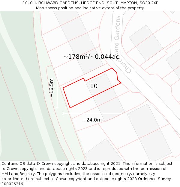 10, CHURCHWARD GARDENS, HEDGE END, SOUTHAMPTON, SO30 2XP: Plot and title map