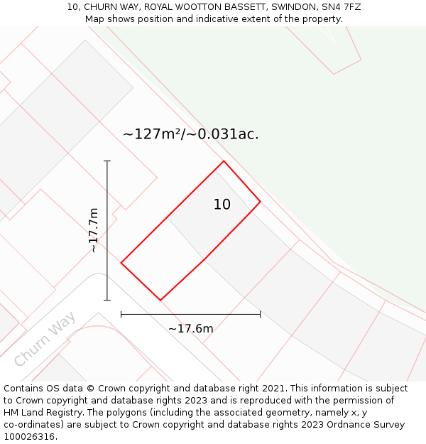 10, CHURN WAY, ROYAL WOOTTON BASSETT, SWINDON, SN4 7FZ: Plot and title map