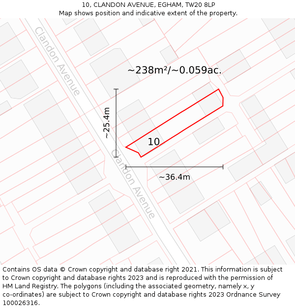 10, CLANDON AVENUE, EGHAM, TW20 8LP: Plot and title map