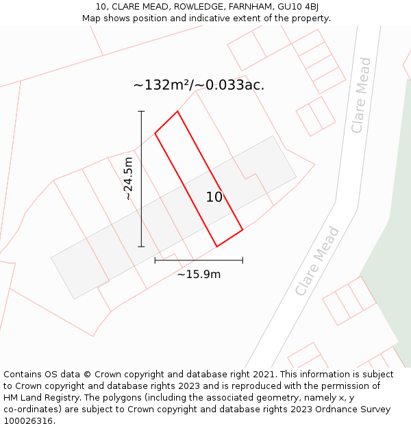 10, CLARE MEAD, ROWLEDGE, FARNHAM, GU10 4BJ: Plot and title map
