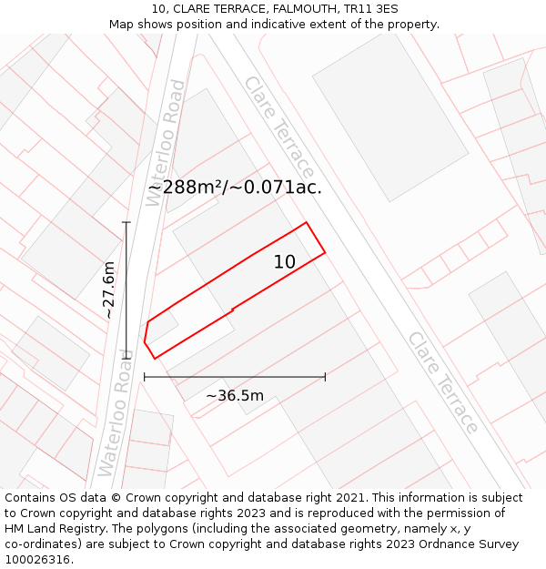 10, CLARE TERRACE, FALMOUTH, TR11 3ES: Plot and title map