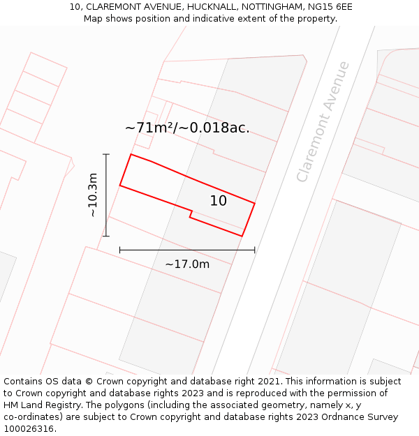 10, CLAREMONT AVENUE, HUCKNALL, NOTTINGHAM, NG15 6EE: Plot and title map