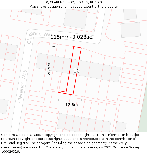 10, CLARENCE WAY, HORLEY, RH6 9GT: Plot and title map