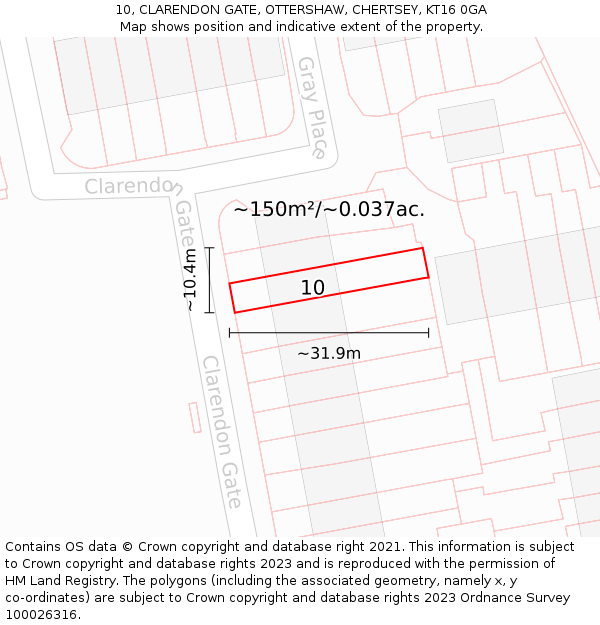 10, CLARENDON GATE, OTTERSHAW, CHERTSEY, KT16 0GA: Plot and title map