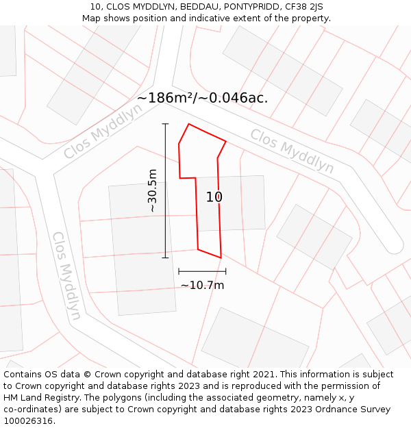 10, CLOS MYDDLYN, BEDDAU, PONTYPRIDD, CF38 2JS: Plot and title map