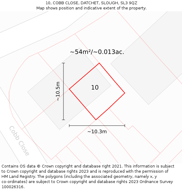 10, COBB CLOSE, DATCHET, SLOUGH, SL3 9QZ: Plot and title map