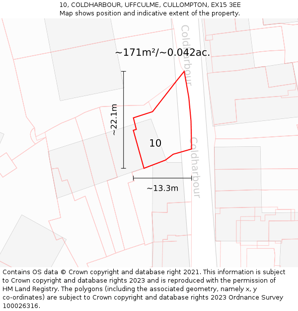 10, COLDHARBOUR, UFFCULME, CULLOMPTON, EX15 3EE: Plot and title map