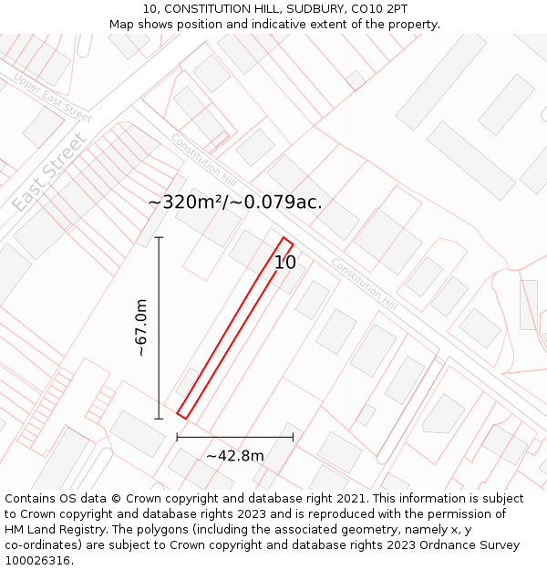10, CONSTITUTION HILL, SUDBURY, CO10 2PT: Plot and title map