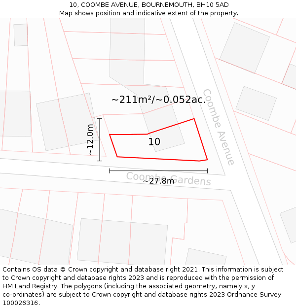 10, COOMBE AVENUE, BOURNEMOUTH, BH10 5AD: Plot and title map