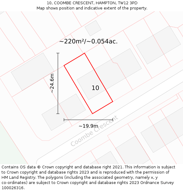 10, COOMBE CRESCENT, HAMPTON, TW12 3PD: Plot and title map