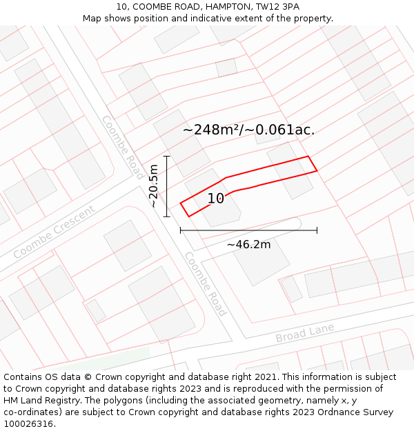 10, COOMBE ROAD, HAMPTON, TW12 3PA: Plot and title map