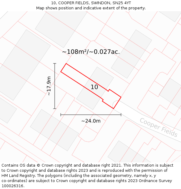 10, COOPER FIELDS, SWINDON, SN25 4YT: Plot and title map