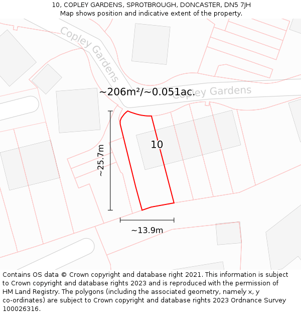 10, COPLEY GARDENS, SPROTBROUGH, DONCASTER, DN5 7JH: Plot and title map