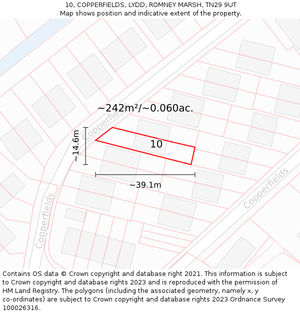 10, COPPERFIELDS, LYDD, ROMNEY MARSH, TN29 9UT: Plot and title map