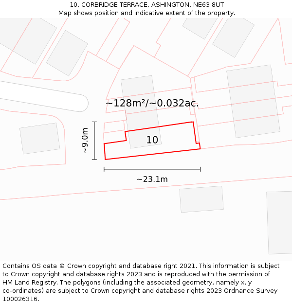 10, CORBRIDGE TERRACE, ASHINGTON, NE63 8UT: Plot and title map