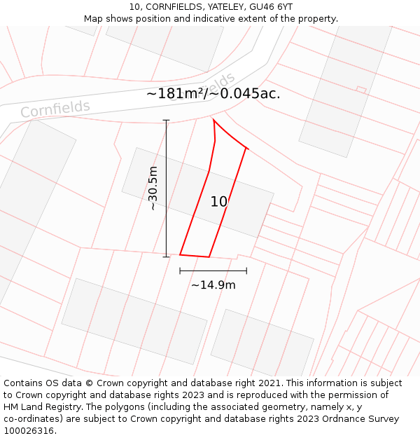 10, CORNFIELDS, YATELEY, GU46 6YT: Plot and title map
