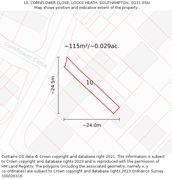 10, CORNFLOWER CLOSE, LOCKS HEATH, SOUTHAMPTON, SO31 6SN: Plot and title map