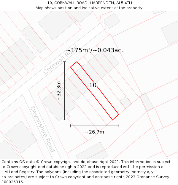 10, CORNWALL ROAD, HARPENDEN, AL5 4TH: Plot and title map
