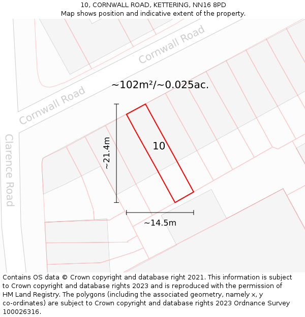 10, CORNWALL ROAD, KETTERING, NN16 8PD: Plot and title map