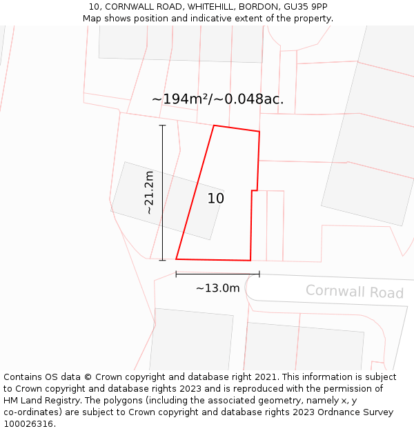 10, CORNWALL ROAD, WHITEHILL, BORDON, GU35 9PP: Plot and title map
